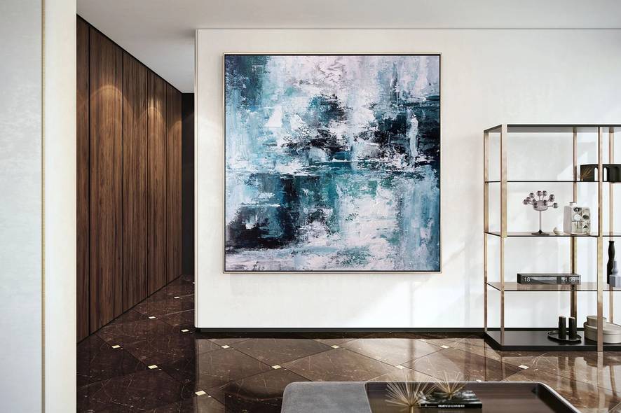 Bedroom Handmade Original Blue Painting White Abstract Canvas Wall Art BQR5H